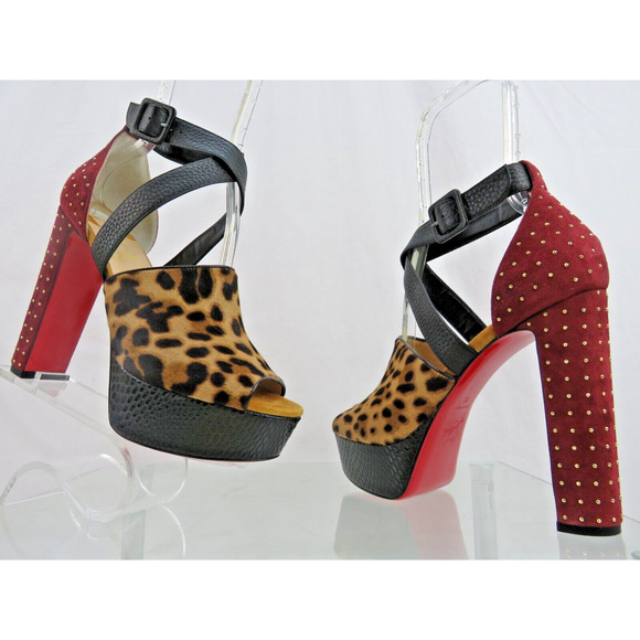 NIB LOUBOUTIN BINGIRL MULT 130 LEOPARD PONYHAIR STUDDED PLATFORM PUMPS 39 US 8.5 - Picture 3 of 14